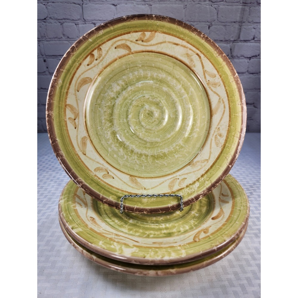3 Certified International CIC Lime Green Swirl Large Dinner Plates Portugal RARE